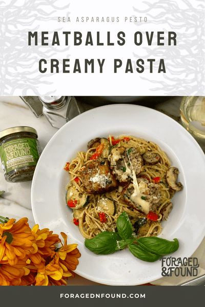 Shrimp and Pork Meatballs Over Creamy Sea Asparagus Pesto Pasta